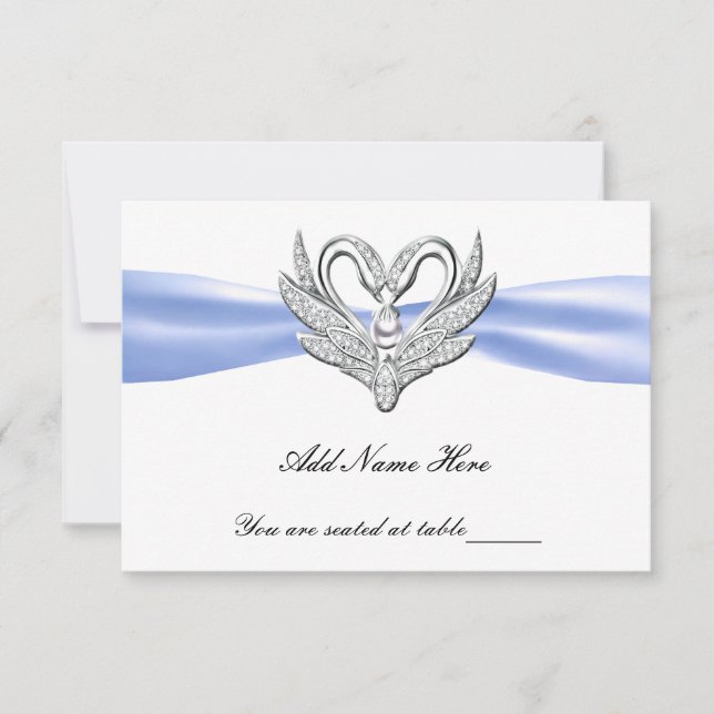 Invitation Porte-nom de table Cygnes argentés Ruban bleu (Devant)