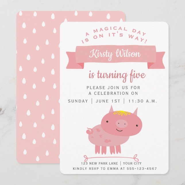 Invitation Porte rose mignon | Parti Anniversaire de enfant (Devant / Derrière)
