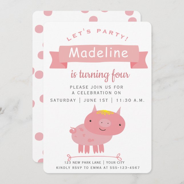 Invitation Porte rose mignon | Parti Anniversaire de enfant (Devant / Derrière)