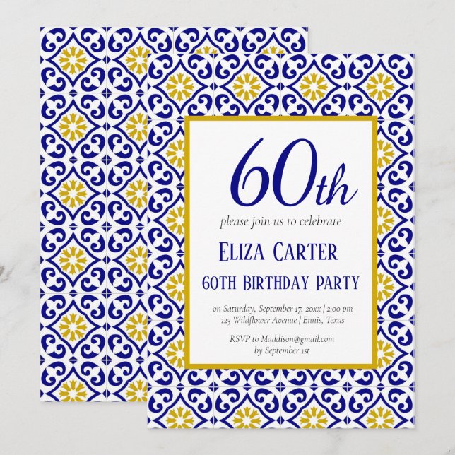 Invitation Portugais Carreaux Bleu 60e anniversaire Méditerra (Devant / Derrière)