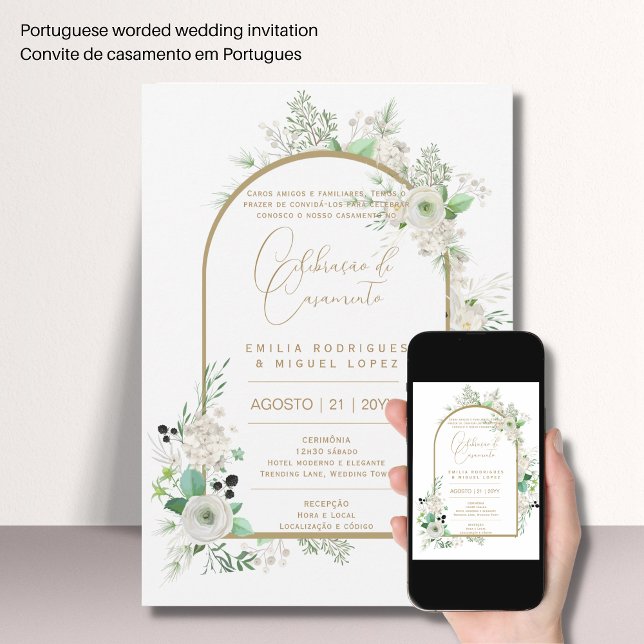 Invitation Portugeuse | Casamento Floral Blanc Rosas Brancas (Créateur téléchargé)