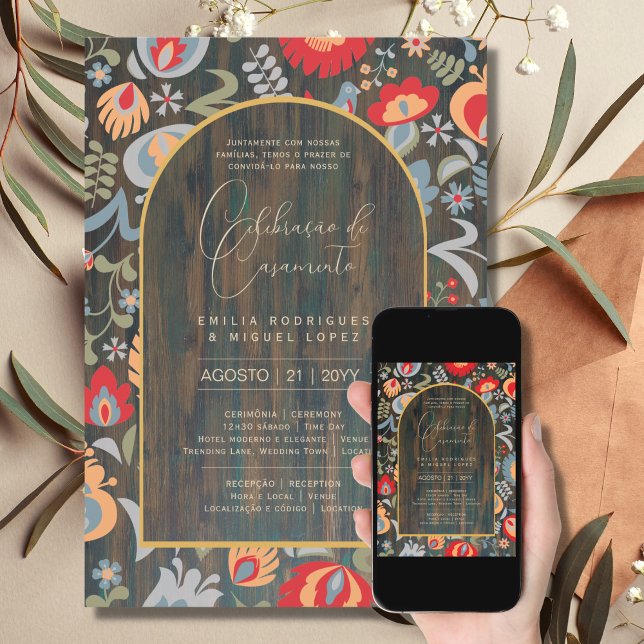 Invitation Portugeuse | Casamento Flores Folclóricas Rústica (Créateur téléchargé)