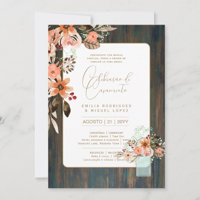 Invitation Portugeuse | Casamento Flores Folclóricas Rústica (Devant)