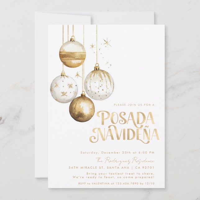 Invitation Posada Navideña mexicaine Ornements blancs or (Devant)