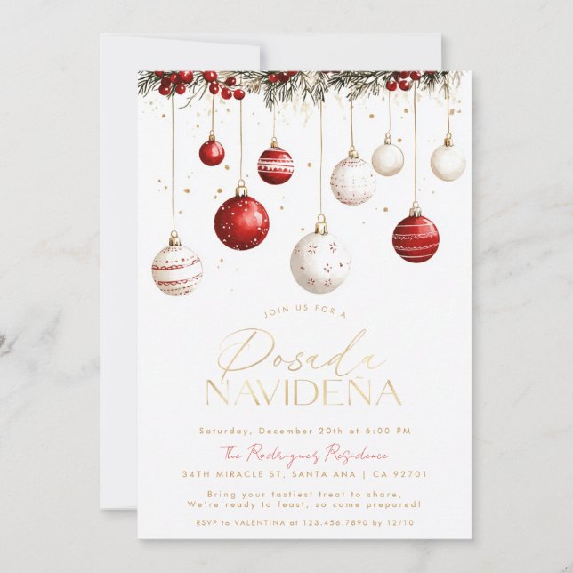 Invitation Posada Navideña mexicaine Ornements blancs rouges (Devant)
