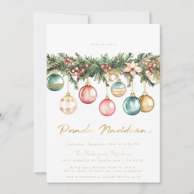 Invitation Posada Navideña mexicaine Ornements colorés (Devant)