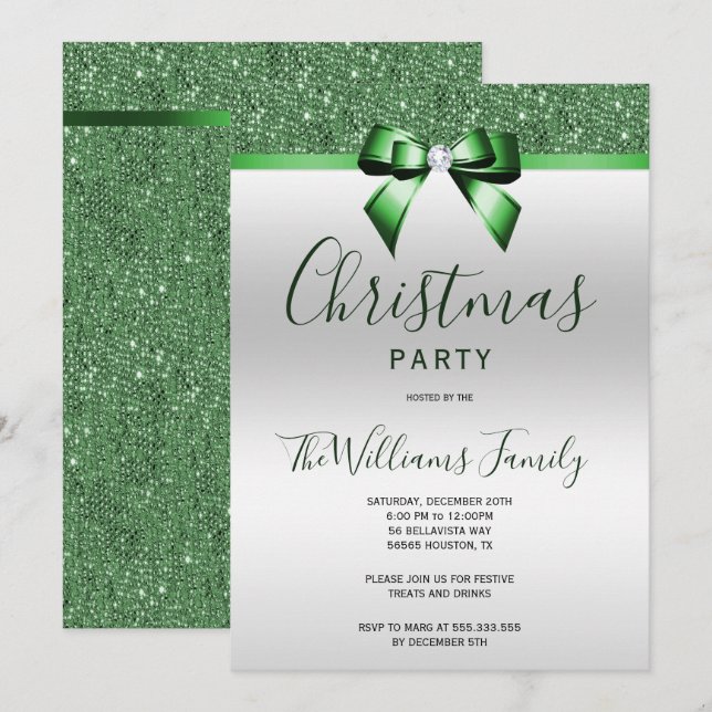 Invitation Posh Emerald Green Jewel Bow Christmas Party (Devant / Derrière)