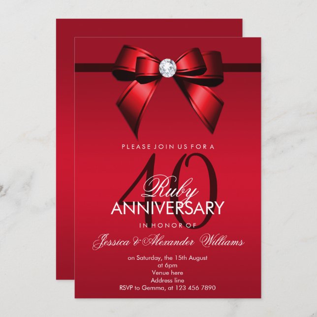 Invitation Posh Gem Bow & Ribbon 40e anniversaire de Mariage (Devant / Derrière)