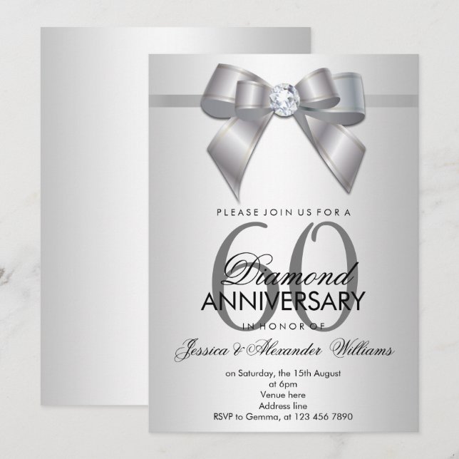 Invitation Posh Gem Bow & Ribbon 60e anniversaire de Mariage (Devant / Derrière)