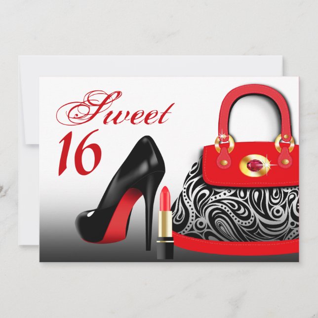Invitation Posh Purse, talons hauts et Sweet sixteen en bâton (Devant)