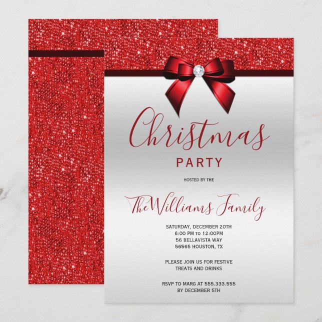 Invitation Posh Red Jewel Bow fête de Noël (Devant / Derrière)
