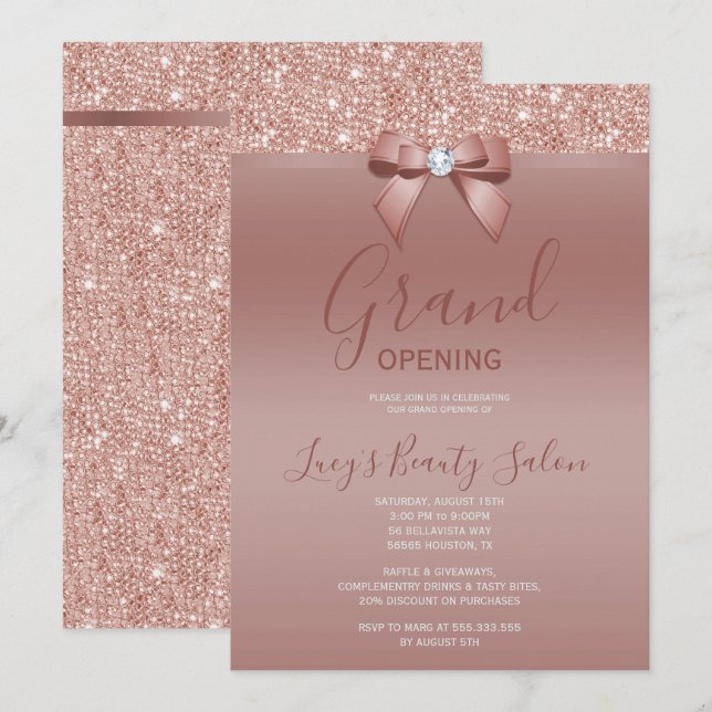 Invitation Posh Rose Gold Jewel Bow Grand Ouverture (Devant / Derrière)