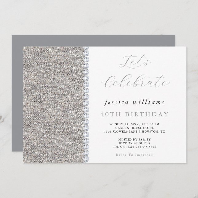 Invitation Posh Sequins & Diamants Argent Anniversaire (Devant / Derrière)