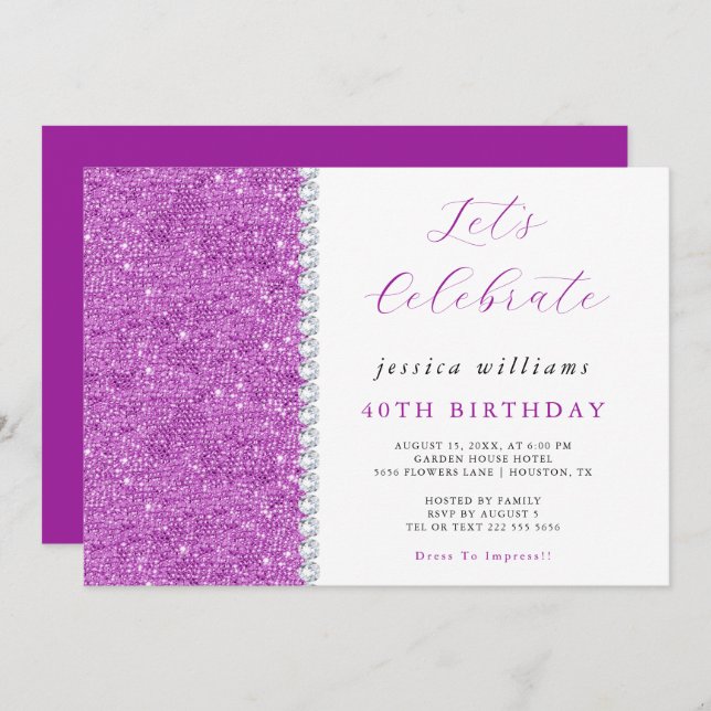Invitation Posh Sequins & Diamants Violet Anniversaire (Devant / Derrière)
