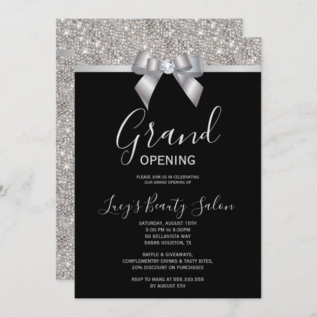 Invitation Posh Silver & Black Jewel Bow Grand Ouverture (Devant / Derrière)