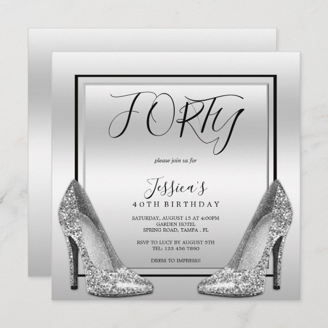 Invitation Posh Silvers & Silver Stilettos 40e anniversaire (Devant / Derrière)
