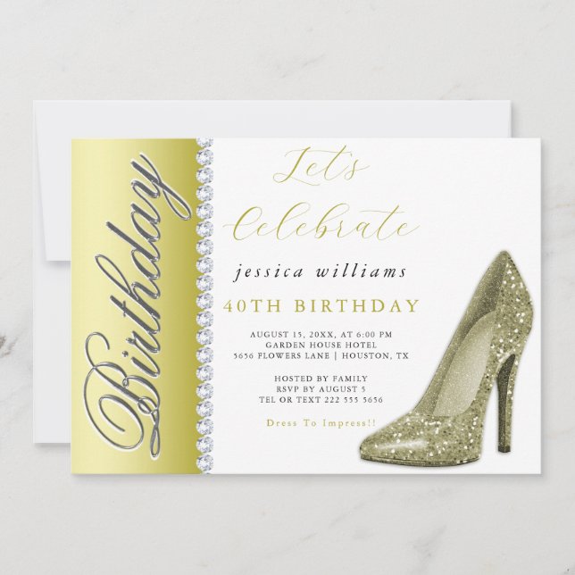 Invitation Posh Stiletto & Diamonds Gold Anniversaire (Devant)