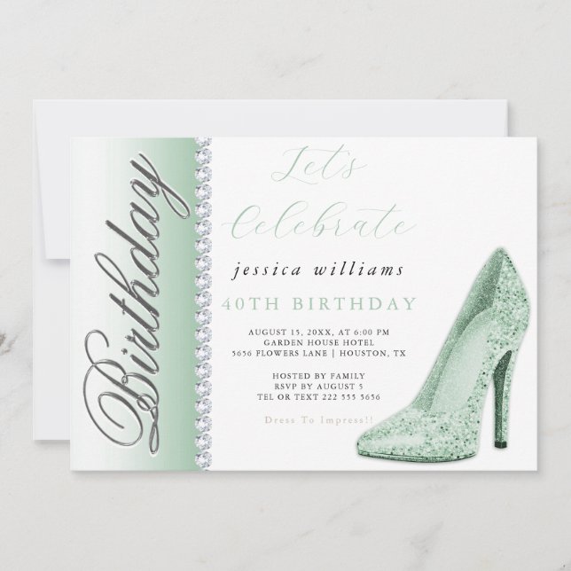 Invitation Posh Stiletto & Diamonds Vert Anniversaire (Devant)