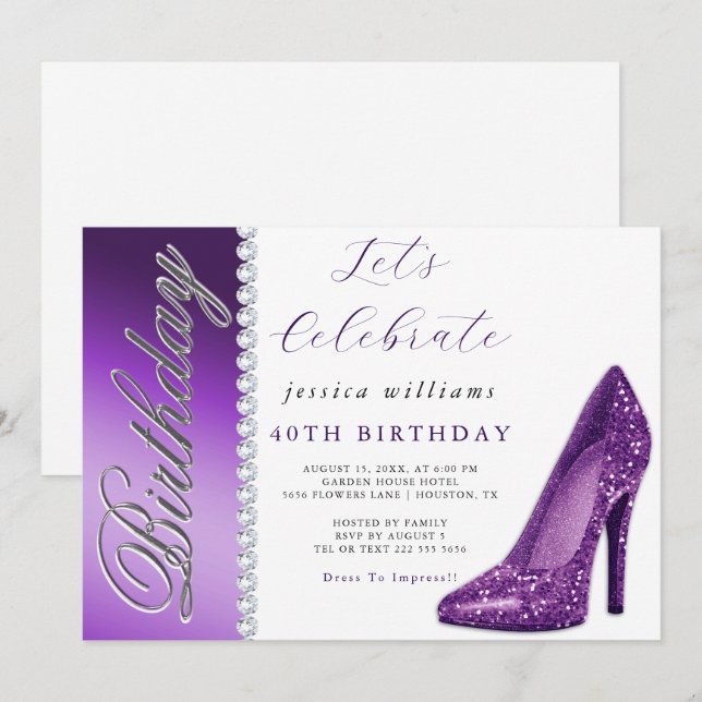 Invitation Posh Stiletto & Diamonds Violet Anniversaire (Devant / Derrière)