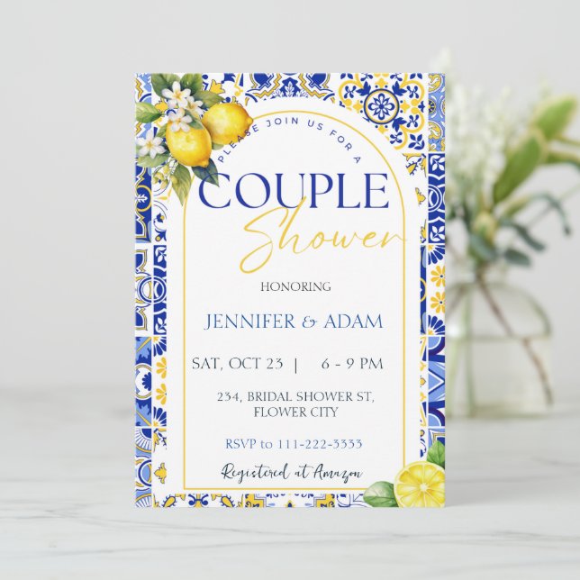 Invitation Positano Carreaux Bleus Citron Couple Douche (Debout devant)