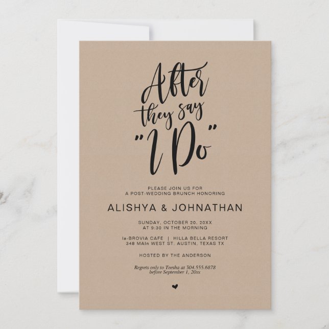 Invitation Post Mariage Brunch, Kraft Brown, Script noir (Devant)