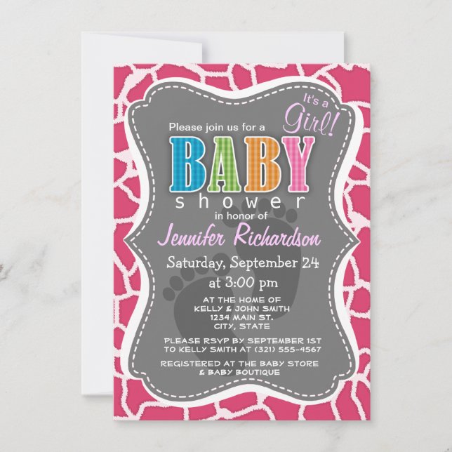 Invitation Poster de animal de girafe rose foncé (Devant)