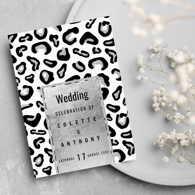 Invitation Poster de animal de parties scintillant en argent  (Black silver glitter animal print Wedding Menu)