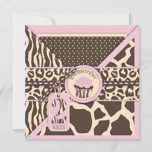 Invitation Poster de animal Safari rose et Cupcake (Devant)