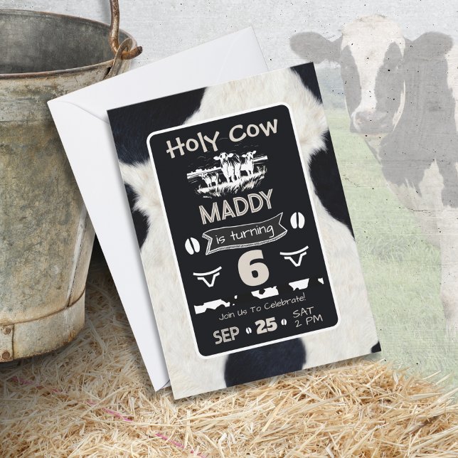 Invitation Poster de animal Vache Noir Blanc Anniversaire Inv (Créateur téléchargé)