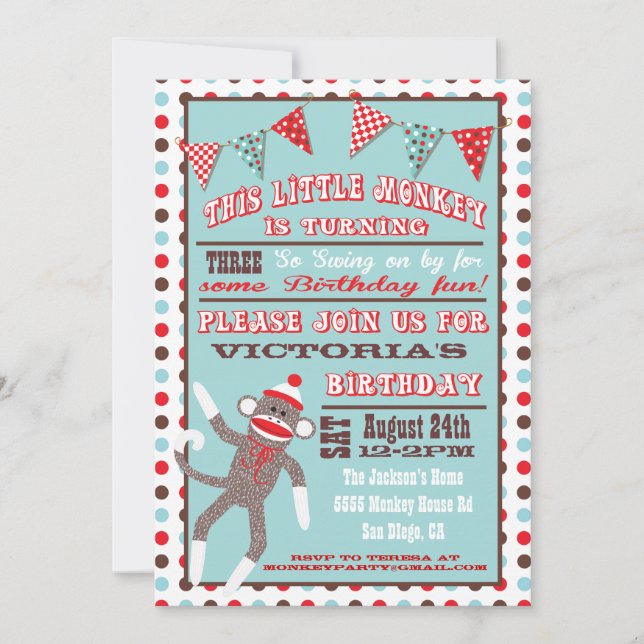 Invitation Poster de la fête d'anniversaire de Sock Monkey (Devant)