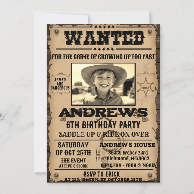 Invitation Poster Recherché Western Cowboy avec photo Anniver (Devant)