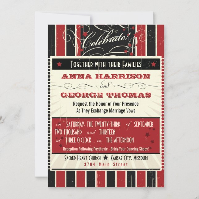 Invitation Poster rustique : Mariage personnalisé rouge et no (Devant)