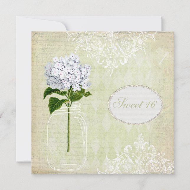 Invitation Pot de maçon chic et bonbon 16 à hortensia (Devant)