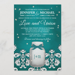 Invitation Pot de maçon turquoise avec épouser de lucioles