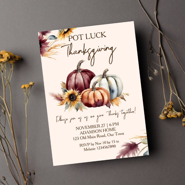 Invitation Pot Luck Thanksgiving boho citrouille tournesols (Pot Luck Thanksgiving dinner party template invitation digital download boho pumpkins sunflowers )