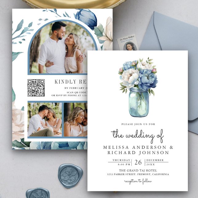 Invitation Pot Mason à code QR de mariage Pivoine Bleu et Bla (Créateur téléchargé)