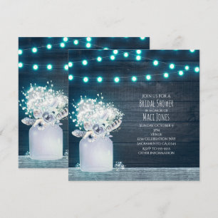 Invitation Pot Mason Jar Lumières Bleues Floral Mariage Rusti