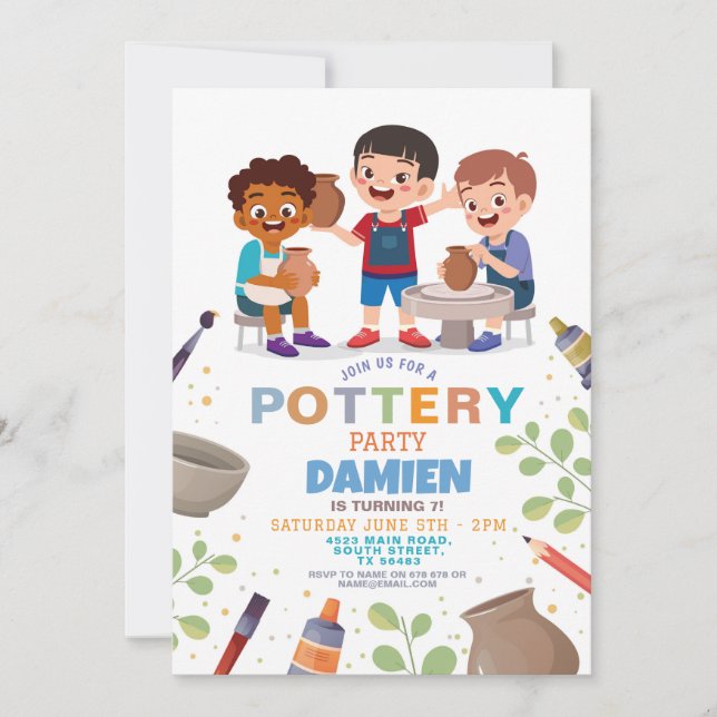 Invitation Poterie Artisanat Argile Pots Garçons Anniversaire (Devant)