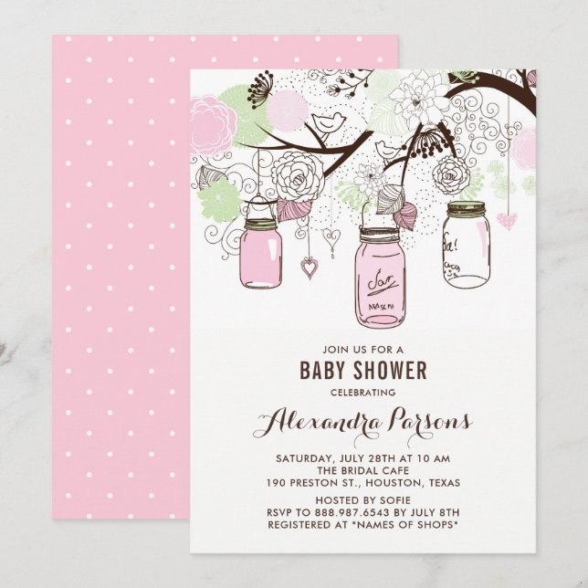 Invitation Pots de Mason rose et vert Baby shower Floral (Devant / Derrière)