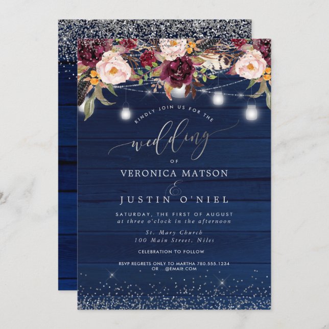 Invitation Pots Mason Rustique Bois Bleu Marine + Fleurs Bour (Devant / Derrière)