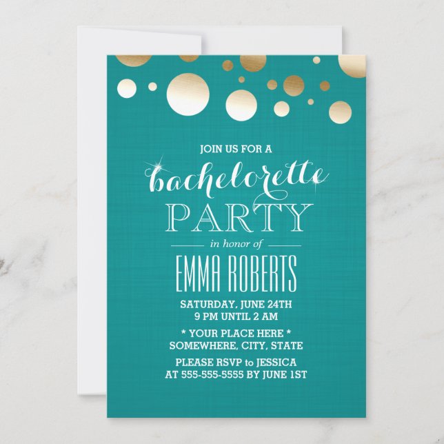 Invitation Pots Turquoises et dorés modernes Linen Bacheloret (Devant)