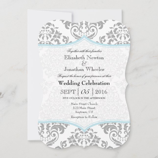Invitation Poudre Bleu Gris Damas Poignée Mariage (Devant)