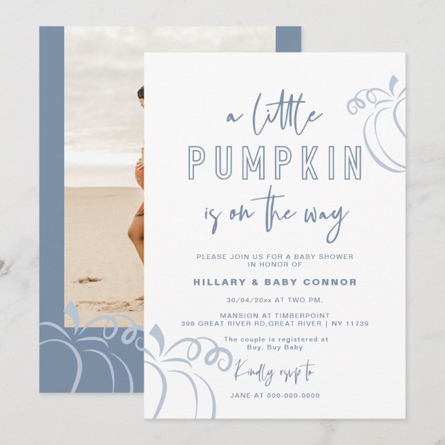 Invitation Poudre Bleu Un Petit Baby shower Citrouille (Devant / Derrière)