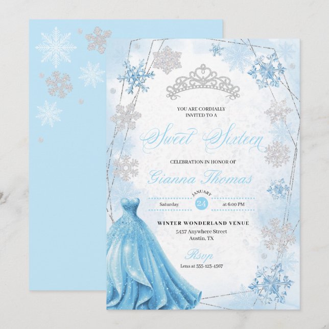 Invitation Poudre Blue Winter Wonderland Snowflake Sweet 16 (Devant / Derrière)