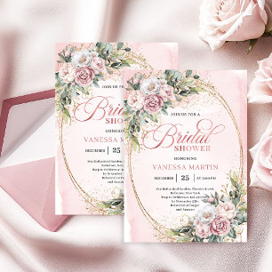 Invitation Poudre Chic Fleurs Roses Eucalyptus Enterrement de