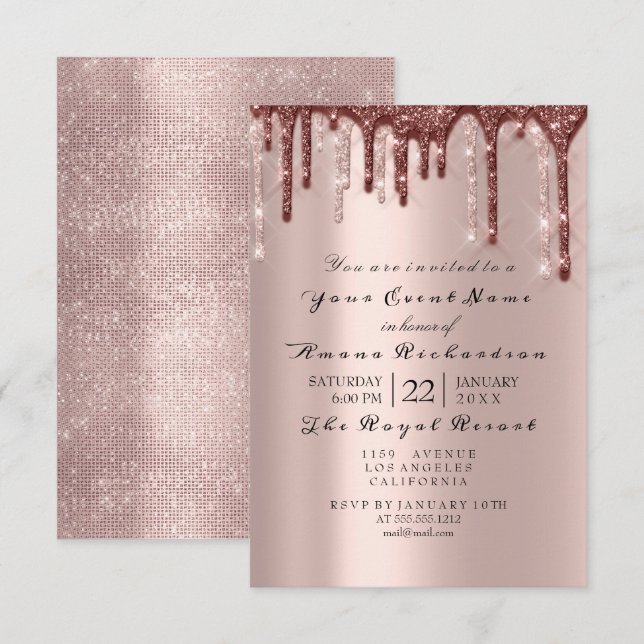 Invitation Poudre de Rose Pailleté Glitter Gouttes MARIAGE 16 (Devant / Derrière)