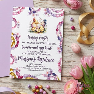 Invitation Poule et poussins à l'aquarelle Poule de Pâques mo