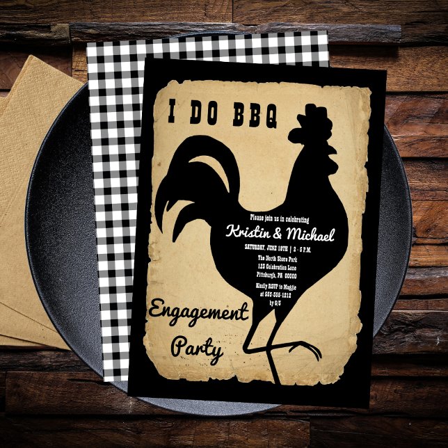 Invitation Poulet de pays rustique I DO BBQ Engagement Party (Rustic Country Rooster Chicken BBQ Engagement Party Invitation)