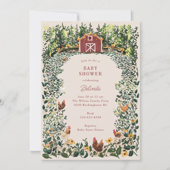 Invitation Poulets à la grange Baby shower agricole de charme (Devant)
