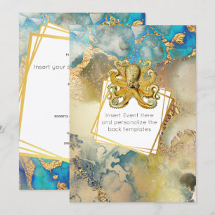 Invitation Poulpe aquarelle or bleu marron nautique
